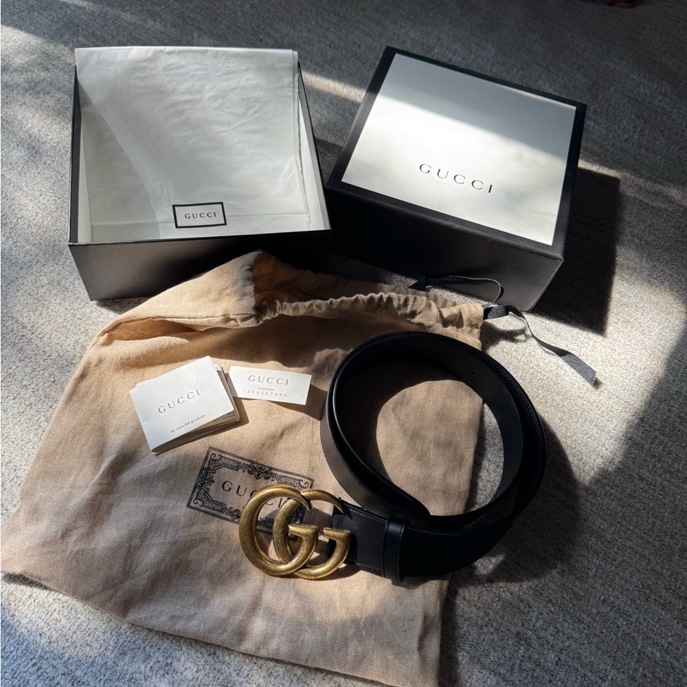 Gucci Black Leather Belt with Gold Double G Buckle